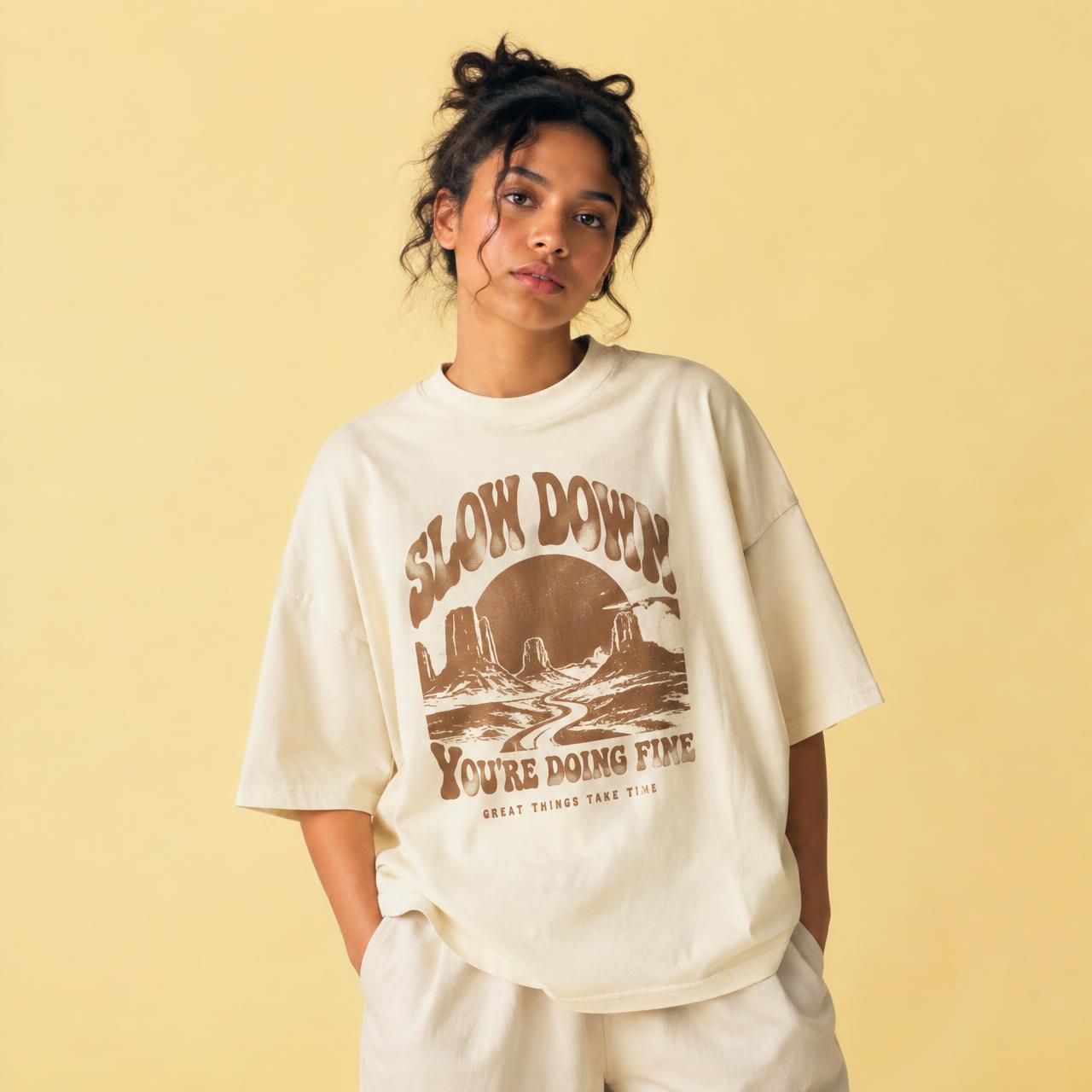Model wearing the Slow Down tee